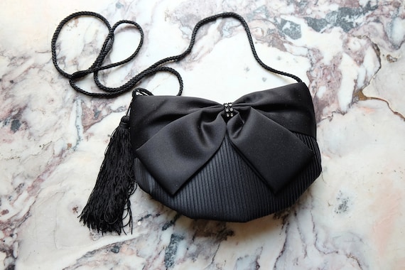 Vintage 80s Black Satin Bow Mini Evening Bag