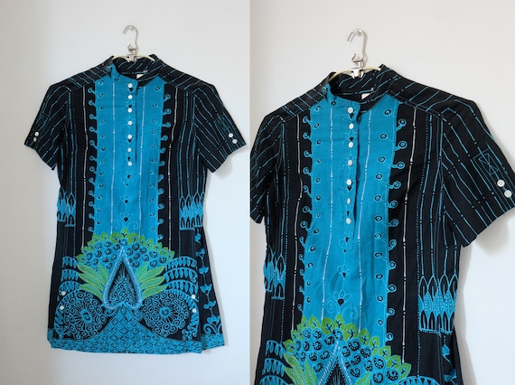 Vintage 60s 'Zibaut' Blue Ethnic Tunic Top