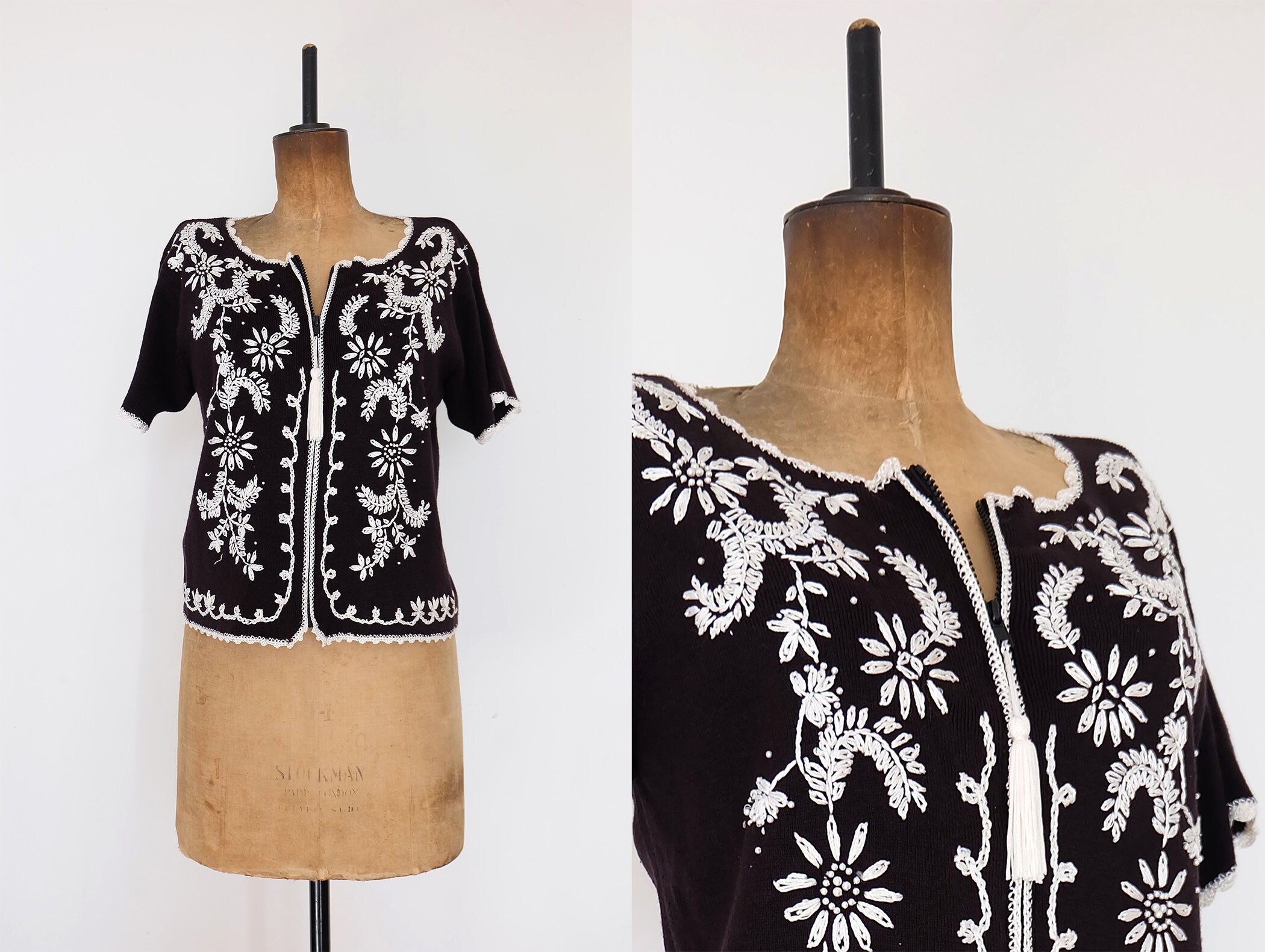 Image of Vintage S Black & White Embroidered Zip Knitted Top