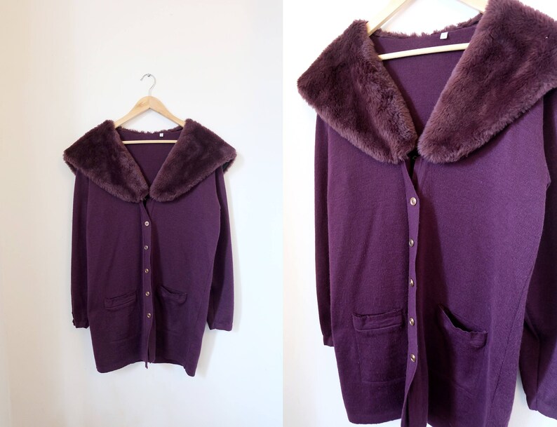 Small Medium Size 1970s vintage purple knit cardigan with wide faux fur collar Seventies Boho Bohemian Glam
