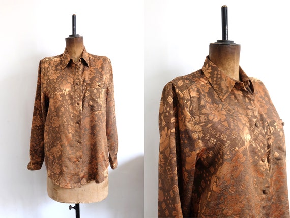 Vintage 80s Brown Metallic Floral Blouse