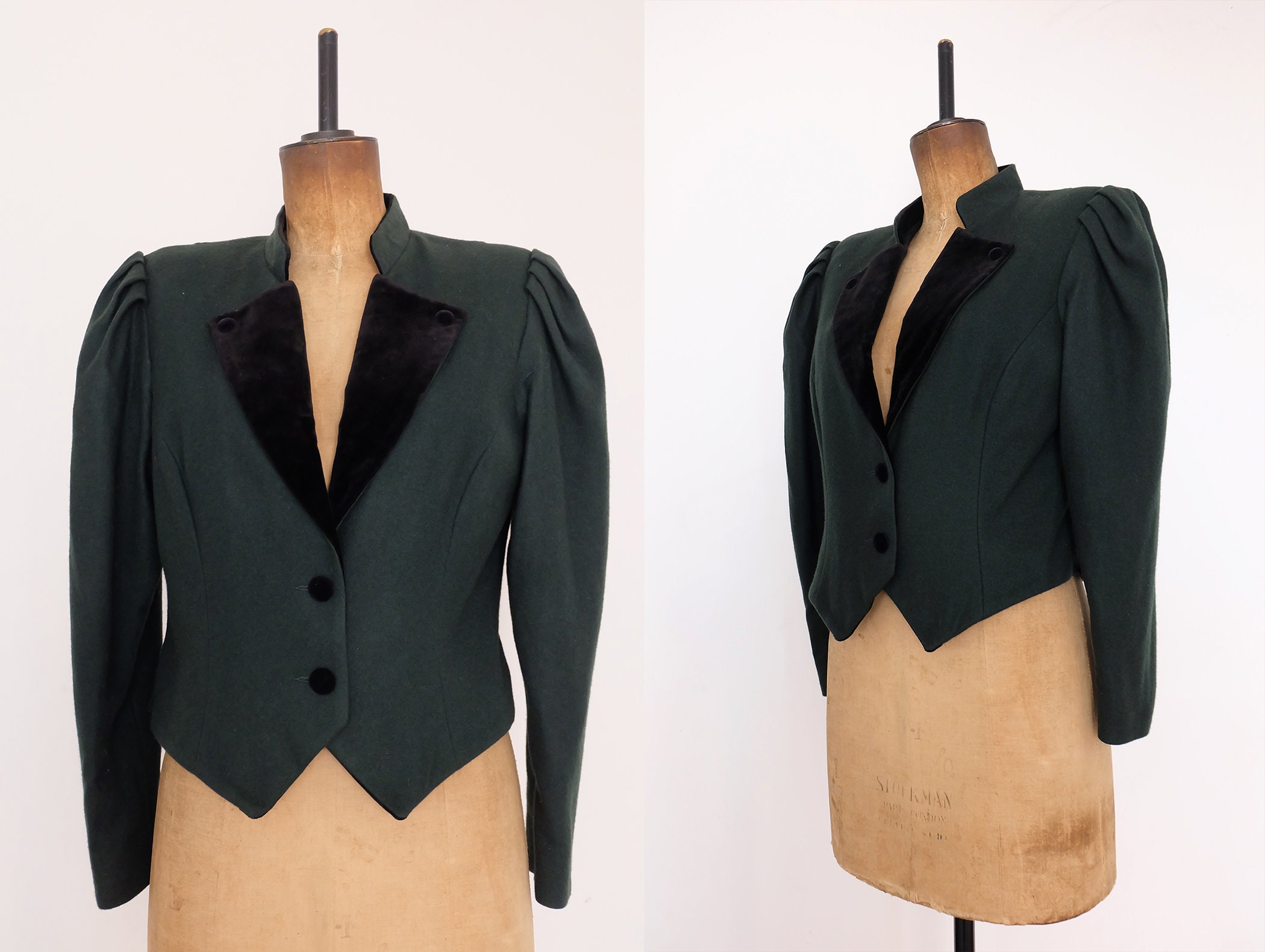 Image of Vintage S "Altenbeurer' Dark Green & Black Austrian Wool Velvet Cropped Jacket
