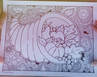 Thanksgiving Coloring Page, Coloring Book Pages, Printable Adult Coloring, Hand Drawn, Doodle, Art Therapy, Instant Download Print