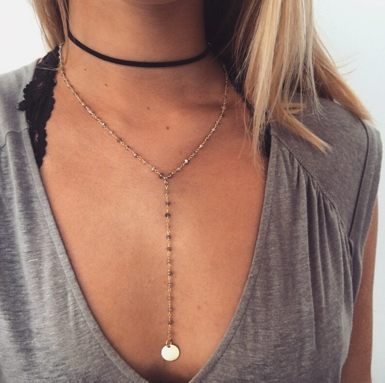 Lariat Necklace Y Necklace Drop Necklace Moonstone Grey Y Necklace Moonstone Choker Simple Y Necklace
