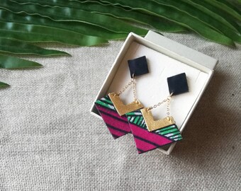 Graphic earrings african prints green pink golden - Retba - Summer Autumn 2023 - Gift for her - Birthday - Celebration