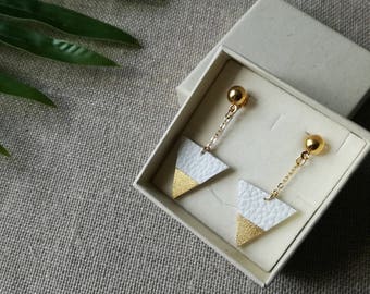 White and golden leather triangle earrings with gold plated chain - Gift idea - Recycled leather  upcycling - Autumn winter - gift for her