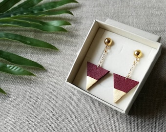 Dark red and golden leather triangle earrings with gold plated chain - Gift idea -  Recycled leather  upcycling - Autumn Handmade jewelry