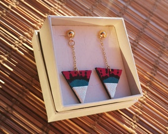 Graphic triangle earrings with gold plated chain african prints fabric - pink blue green golden -  Recycled leather jewelry for her 2023