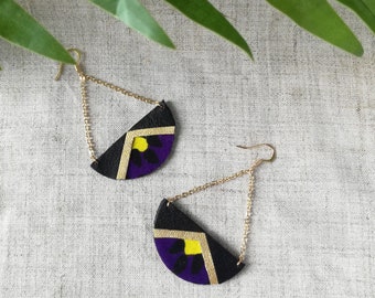 Purple yellow earrings - Half circle earrings for Autumn made with african prints fabric and recycled leather - pendant earrings - Summer