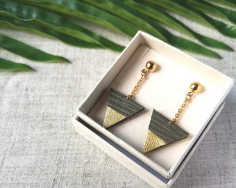 Green Khaki leather triangle earrings with gold plated chain - Gift idea - Recycled leather upcycling - Handmade jewelry - Fall 2023