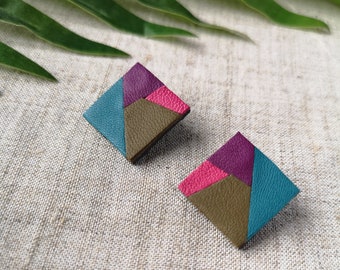 Square leather earrings - Earrings - Purple, pink, green khaki, blue - Mozaïka - Summer Autumn 2023 - Handmade jewelry - Made in France