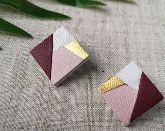 Square leather earrings - Earrings - Dark red, white, pink, golden - Mozaïka - Winter jewelry - Leather accessory - Original Gift for her