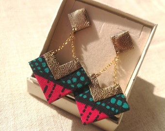 Graphic earrings african prints turquoise pink golden - Retba - Christmas 2022 - Gift for her