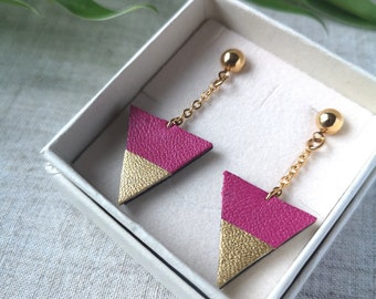 Pink leather earrings and gold plated chain - Gift idea -  Recycled leather - Handmade jewelry - Made in France - Autumn Winter 2023