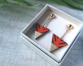 Orange and black earrings handmade with fabrics, leather and gold plated chain - Gift idea -  Recycled leather upcycling - Winter - Handmade