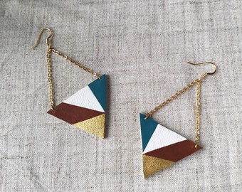 Blue, white, brown and golden earrings with chain - leather earrings - Graphic Gold plated original jewelry - gift idea for her - Autumn