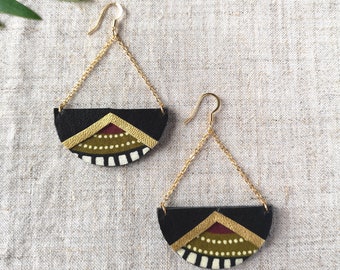 Khaki green black golden - Half circle earrings made with african prints fabric and recycled leather - pendant earrings - Autumn - Handmade