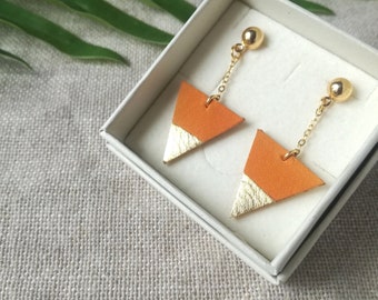 Orange and golden triangle earrings with gold plated chain - Gift idea -  Recycled leather jewelry - upcycling - Handmade jewelry - Summer