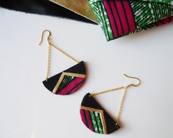 Half circle earrings - Autumn jewelry 2023 made with african prints fabric and recycled leather - pink green golden black - Original gift