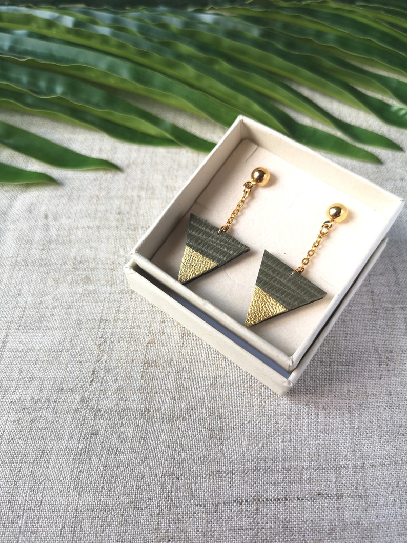 Green Khaki leather triangle earrings with gold plated chain Gift idea Recycled leather upcycling Handmade jewelry Fall 2023 image 1