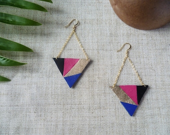 Pink blue black and golden earrings with chain for her - leather earrings for Autumn - Graphic Gold plated original jewelry - Gift fo her