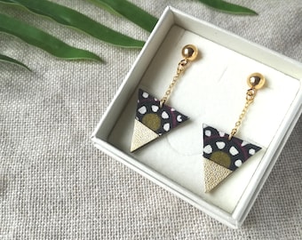 Graphic triangle earrings with gold plated chain african prints fabric - yellow green black golden - Handmade jewelry - Autumn Winter 2023