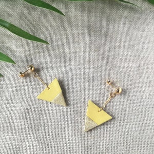 Yellow and golden leather triangle earrings with gold plated chain Gift idea Recycled leather upcycling Winter jewelry for her 2023 image 3