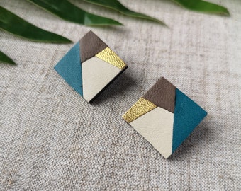 Square leather earrings - Earrings - Taupe color, blue, beige, golden - Mozaïka - Handmade jewelry - Autumn style 2023 - gift for her