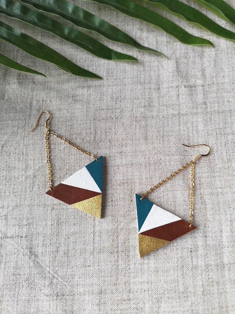 Blue, white, brown and golden earrings with chain leather earrings Graphic Gold plated original jewelry gift idea for her Autumn image 1