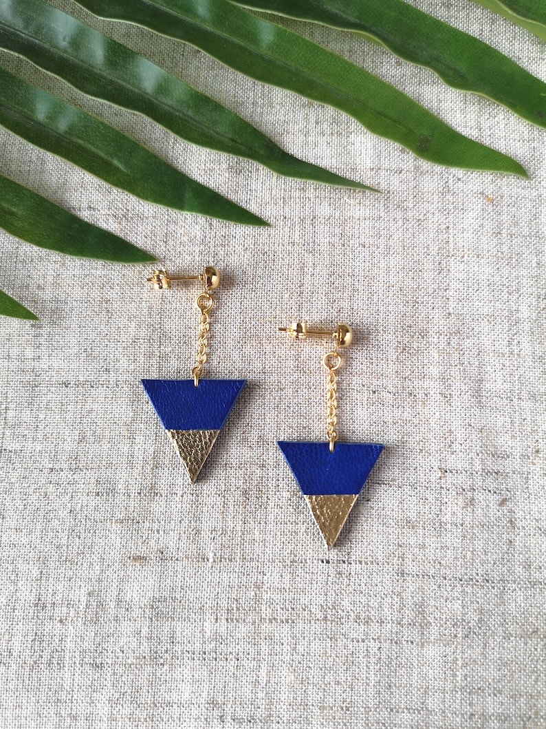 Spring Gift idea Royal blue and golden leather triangle earrings with gold plated chain Mother/'s day Recycled leather upcycling