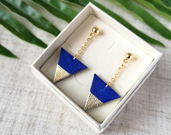 Royal blue and golden leather triangle earrings with gold plated chain - Gift idea -  Recycled leather upcycling - Autumn - handmade jewelry