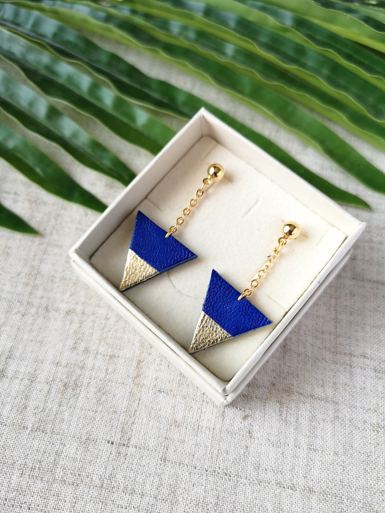 Spring Gift idea Royal blue and golden leather triangle earrings with gold plated chain Mother/'s day Recycled leather upcycling