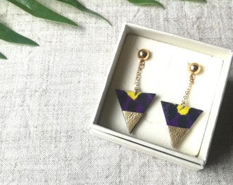 Yellow purple earrings with gold plated chain african prints fabric -  Graphic recycled leather jewelry - upcycling - Handmade in Paris 2023