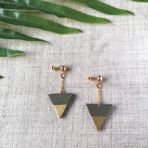 Green Khaki leather triangle earrings with gold plated chain Gift idea Recycled leather upcycling Handmade jewelry Fall 2023 image 2