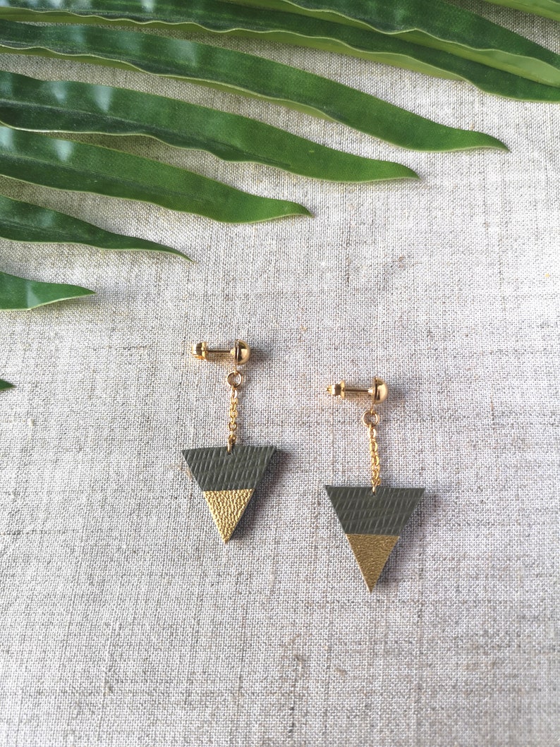Green Khaki leather triangle earrings with gold plated chain Gift idea Recycled leather upcycling Handmade jewelry Fall 2023 image 2
