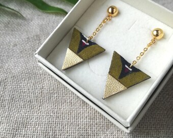 Graphic triangle earrings - african prints - green black golden with gold plated chain -  Recycled leather jewelry - Autumn gift for her