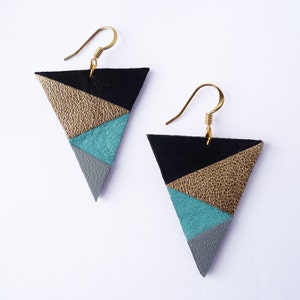 Geometric leather earrings for Autumn winter 2023 - Triangle black golden turquoise mint grey - Handmade jewelry with recycled leather