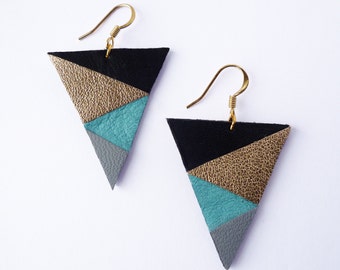 Geometric leather earrings for Autumn winter 2023 - Triangle black golden turquoise mint grey - Handmade jewelry with recycled leather