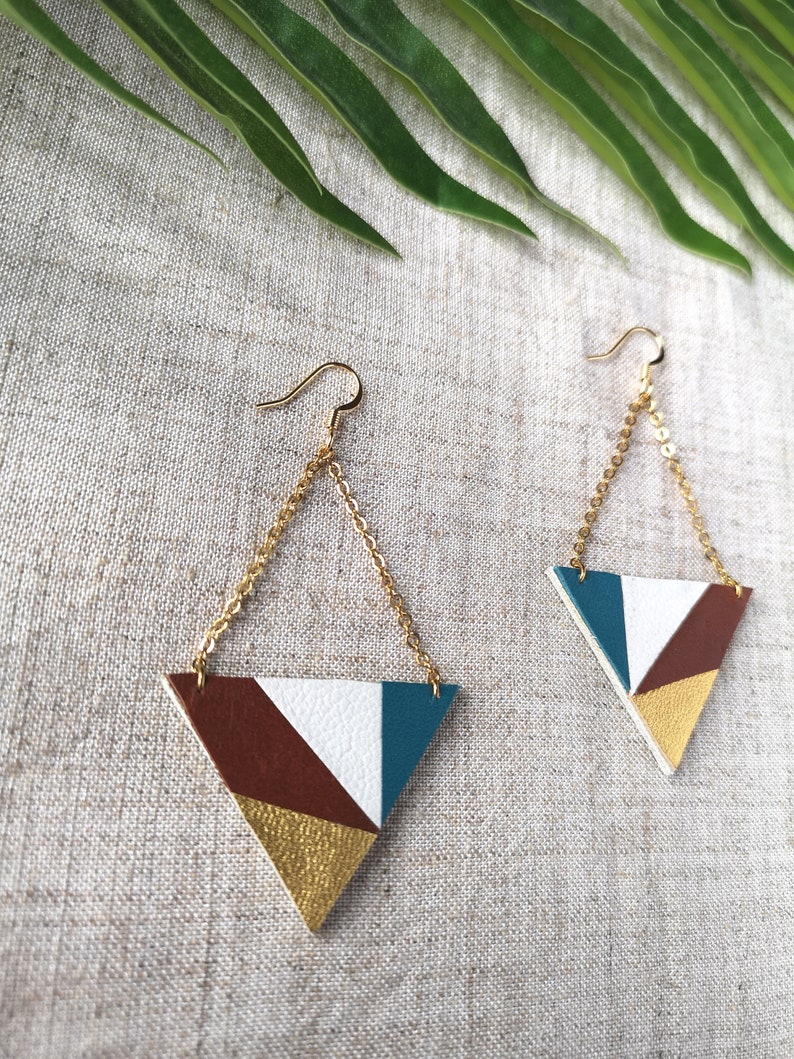 Blue, white, brown and golden earrings with chain leather earrings Graphic Gold plated original jewelry gift idea for her Autumn image 3