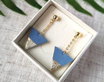 Cerulean light blue and golden leather triangle earrings - gold plated chain - Gift idea -  Recycled leather upcycling - Celebration gift