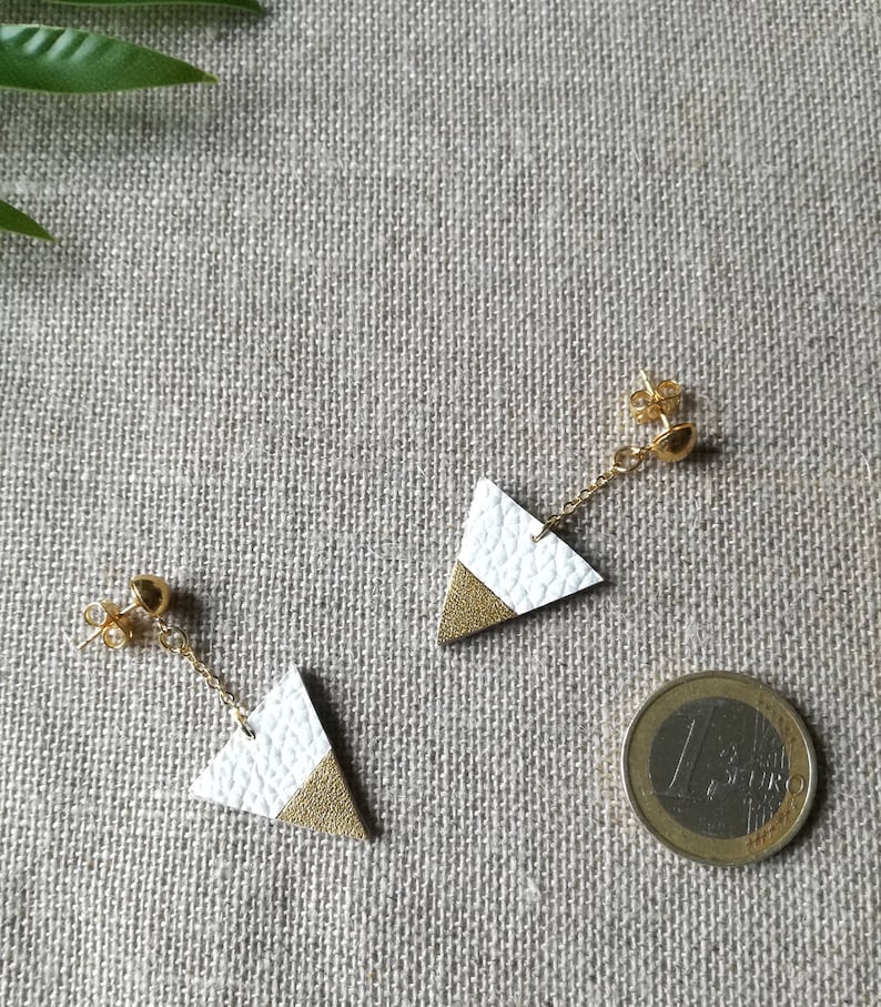 Gift idea Recycled leather upcycling White and golden leather triangle earrings with gold plated chain Mother/'s day Spring