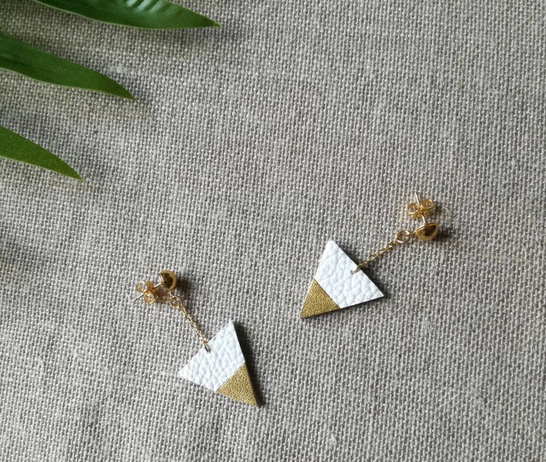 Gift idea Recycled leather upcycling White and golden leather triangle earrings with gold plated chain Mother/'s day Spring