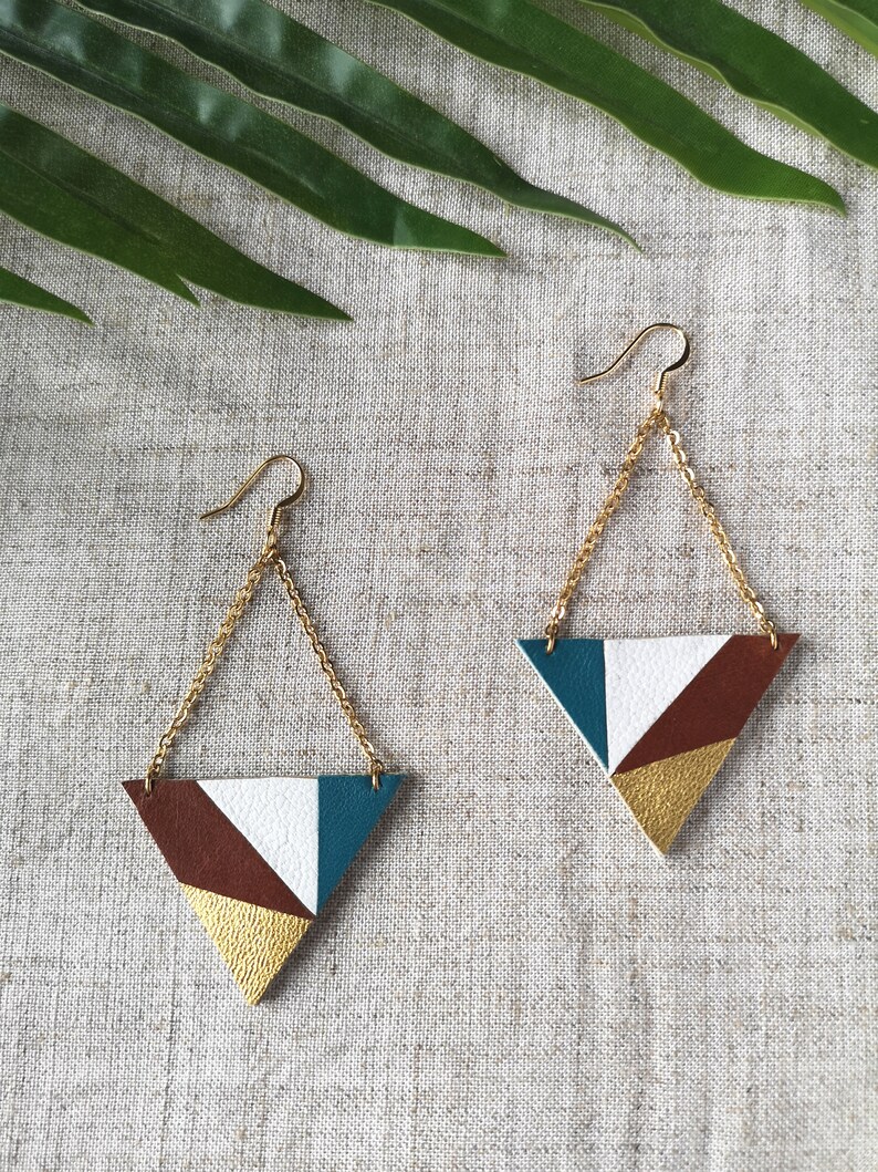 Blue, white, brown and golden earrings with chain leather earrings Graphic Gold plated original jewelry gift idea for her Autumn image 2