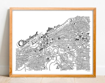 May include: Black and white typographic map of Cleveland, Ohio. The map features the city's neighborhoods and landmarks, including Lake Erie, Edgewater Beach, and the Cleveland Museum of Art.
