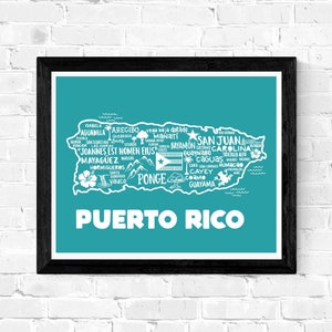May include: A teal blue background with a white outline of the island of Puerto Rico. The outline is filled with the names of cities and towns in Puerto Rico. The text "PUERTO RICO" is written in white at the bottom of the image.