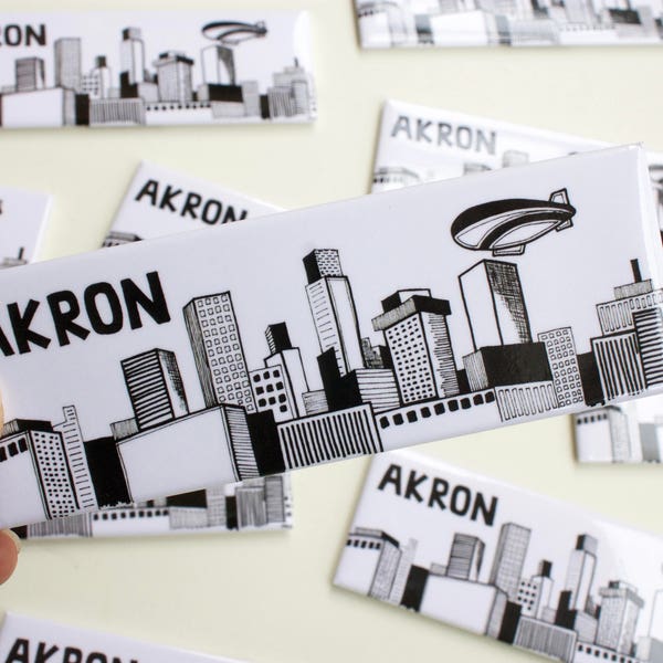 Akron Ohio, Akron, Rubber City, Akron Skyline, Blimp, Fridge Magnet, Gifts under 5, Good Year, 1.5x4.5 Refrigerator Magnet