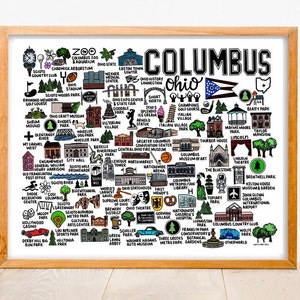 May include: A colorful illustrated map of Columbus, Ohio, featuring landmarks and points of interest. The map is in the shape of the state of Ohio, with a red, white, and blue star in the center. The map includes landmarks such as the Ohio Statehouse, the Columbus Museum of Art, and the Scioto River.