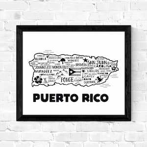 May include: A black and white illustration of the island of Puerto Rico with the names of cities and towns written inside the outline of the island. The text "PUERTO RICO" is written in large, bold letters below the map.