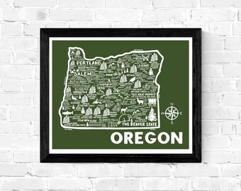 May include: A green and white illustrated map of Oregon with the state's name and "The Beaver State" written in white. The map includes major cities, national forests, and other points of interest.