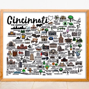 Puede incluir: Un mapa ilustrado colorido de Cincinnati, Ohio, que destaca los puntos de referencia y los puntos de interés. El mapa presenta una variedad de iconos y etiquetas de texto, incluido el zoológico de Cincinnati, el Cincinnati Museum Center y el Great American Ball Park.